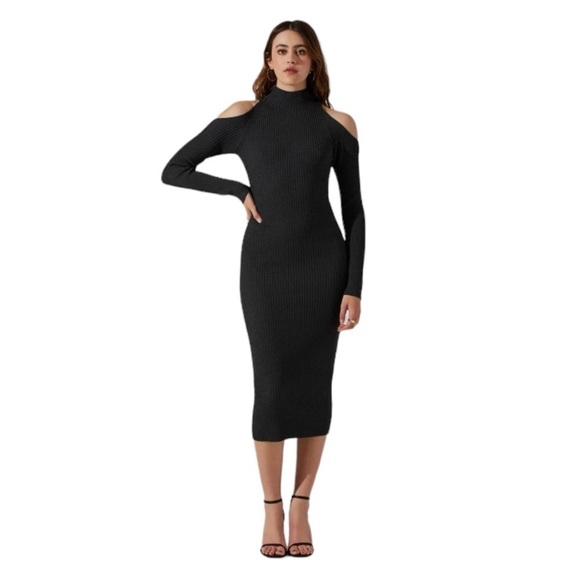Astr Cold Shoulder Mock Neck Midi Sweater Dress. Charcoal Size S #1335 NWOT - Picture 1 of 7